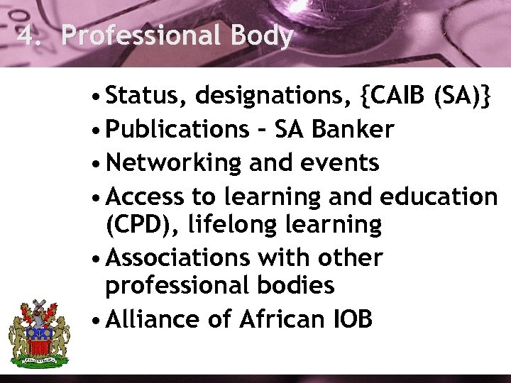 4. Professional Body • Status, designations, {CAIB (SA)} • Publications – SA Banker •