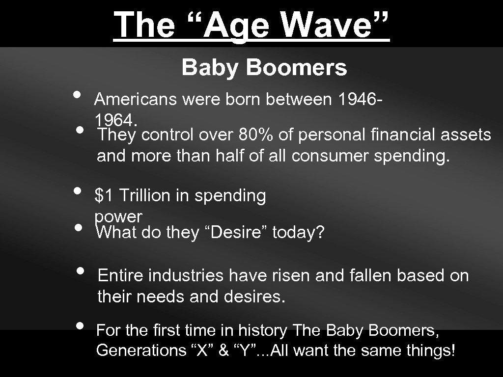 The “Age Wave” Baby Boomers • Americans were born between 19461964. • They control