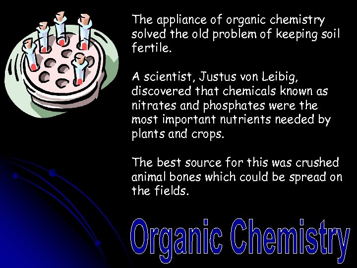 The appliance of organic chemistry solved the old problem of keeping soil fertile. A