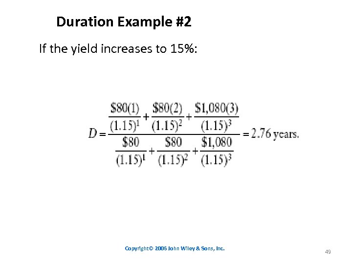 Duration Example #2 If the yield increases to 15%: Copyright© 2006 John Wiley &