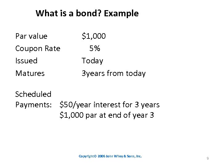 What is a bond? Example Par value Coupon Rate Issued Matures $1, 000 5%