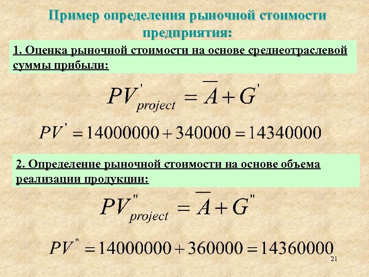 Пример определения рыночной стоимости предприятия: 1. Оценка рыночной стоимости на основе среднеотраслевой суммы прибыли:
