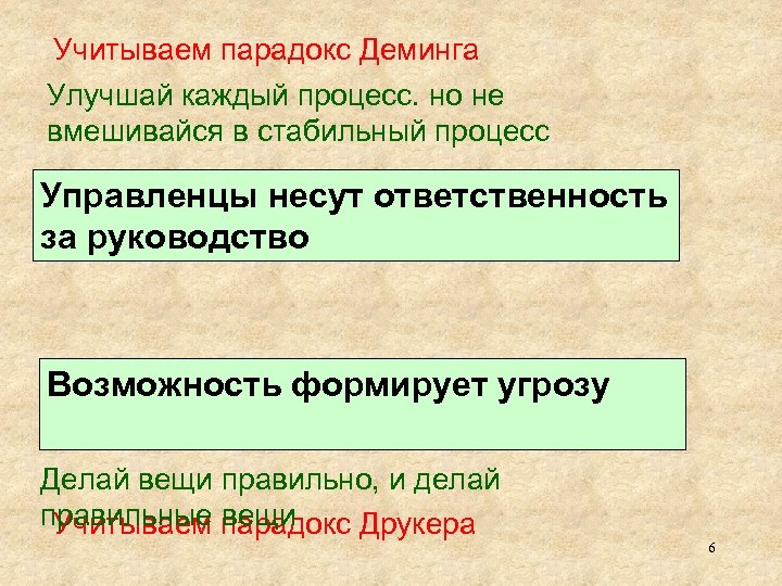 Учитываем парадокс Деминга Улучшай каждый процесс. но не вмешивайся в стабильный процесс Управленцы несут