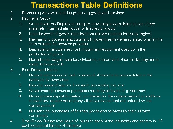 Transactions Table Definitions 1. 2. 3. 4. Processing Sector: Industries producing goods and services