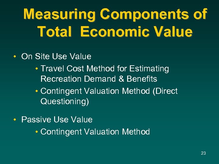 Measuring Components of Total Economic Value • On Site Use Value • Travel Cost