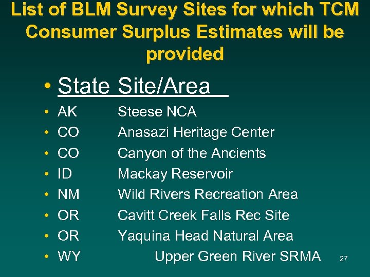 List of BLM Survey Sites for which TCM Consumer Surplus Estimates will be provided