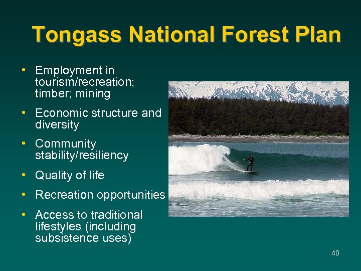 Tongass National Forest Plan • Employment in tourism/recreation; timber; mining • Economic structure and