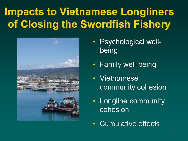 Impacts to Vietnamese Longliners of Closing the Swordfish Fishery • Psychological wellbeing • Family