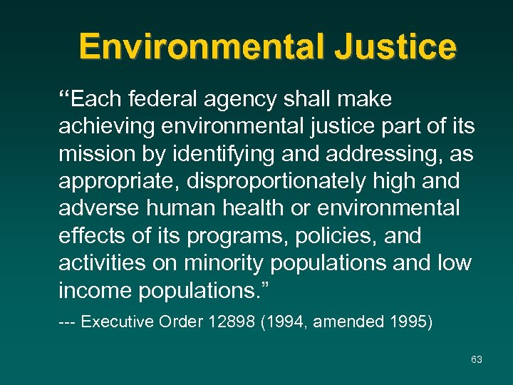 Environmental Justice “Each federal agency shall make achieving environmental justice part of its mission