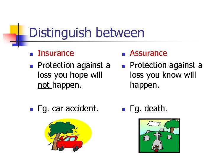 Distinguish between n Insurance Protection against a loss you hope will not happen. n