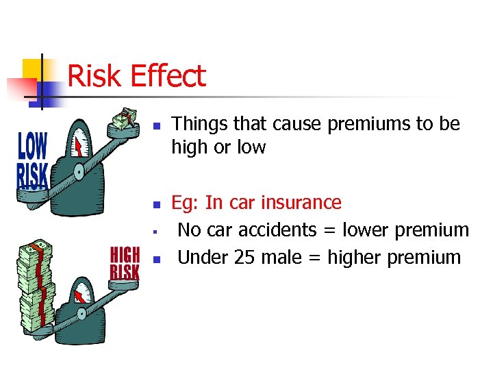 Risk Effect n n § n Things that cause premiums to be high or