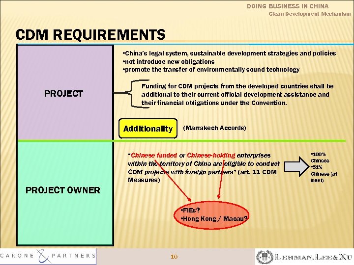 DOING BUSINESS IN CHINA Clean Development Mechanism CDM REQUIREMENTS • China’s legal system, sustainable