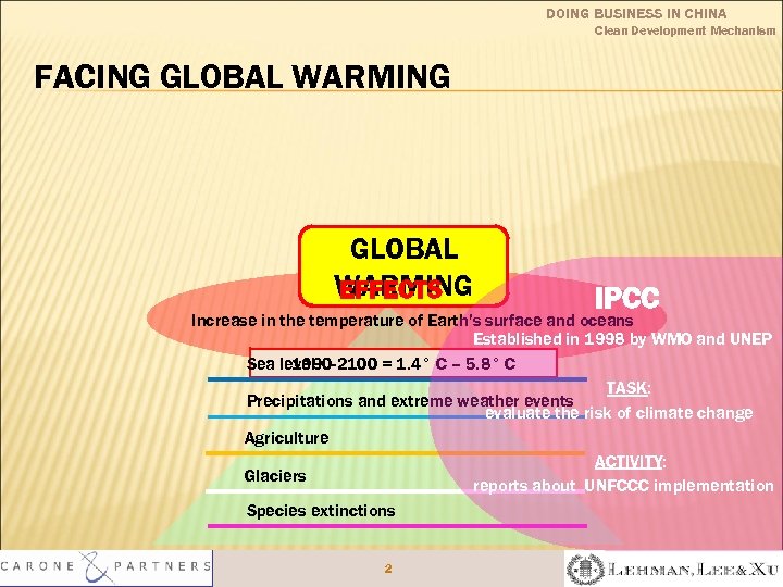 DOING BUSINESS IN CHINA Clean Development Mechanism FACING GLOBAL WARMING EFFECTS IPCC Increase in