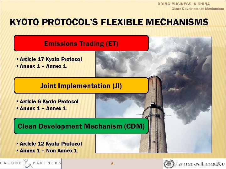 DOING BUSINESS IN CHINA Clean Development Mechanism KYOTO PROTOCOL’S FLEXIBLE MECHANISMS Emissions Trading (ET)