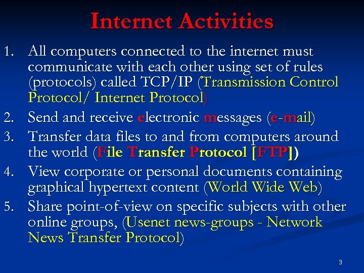 Internet Activities 1. All computers connected to the internet must 2. 3. 4. 5.