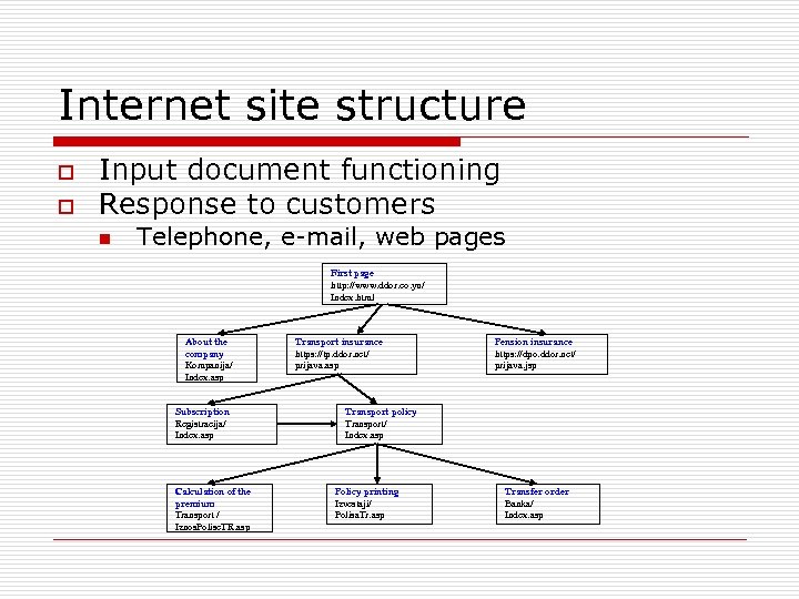 Internet site structure o o Input document functioning Response to customers n Telephone, e-mail,