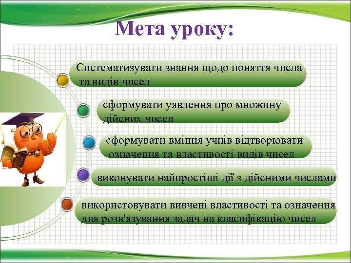 Мета уроку: Систематизувати знання щодо поняття числа та видів чисел сформувати уявлення про множину