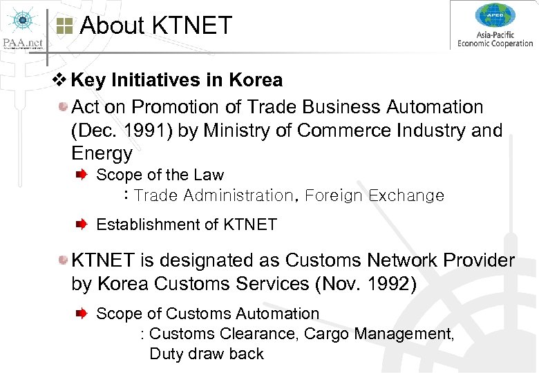About KTNET v Key Initiatives in Korea Act on Promotion of Trade Business Automation