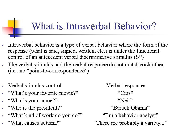 What is Intraverbal Behavior? • • Intraverbal behavior is a type of verbal behavior