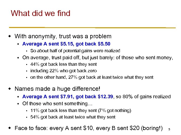 What did we find w With anonymity, trust was a problem w Average A
