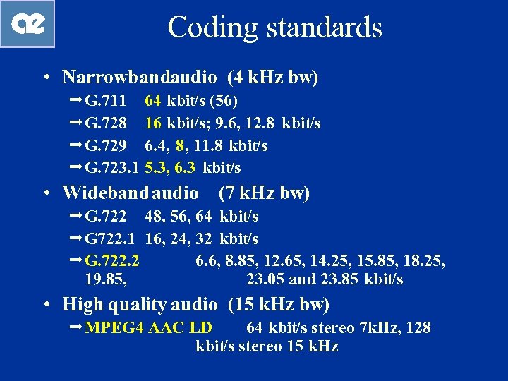 Coding standards • Narrowband udio (4 k. Hz bw) a ªG. 711 64 kbit/s