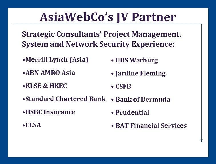 Asia. Web. Co’s JV Partner Strategic Consultants’ Project Management, System and Network Security Experience: