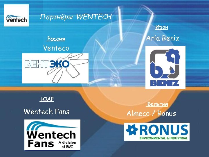 Партнёры WENTECH Иран Россия Aria Beniz Venteco ЮАР Wentech Fans Бельгия Almeco / Ronus