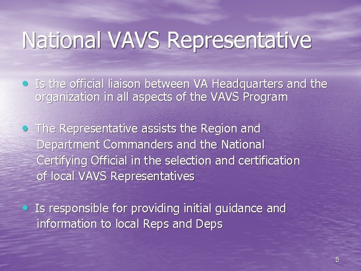 National VAVS Representative • Is the official liaison between VA Headquarters and the organization