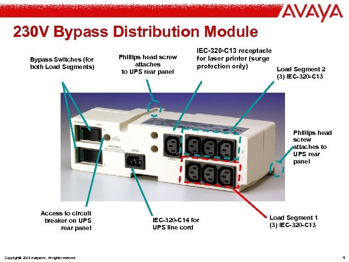 230 V Bypass Distribution Module Bypass Switches (for both Load Segments) Phillips head screw