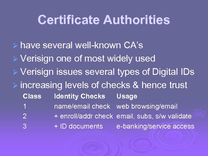 Certificate Authorities Ø have several well-known CA’s Ø Verisign one of most widely used