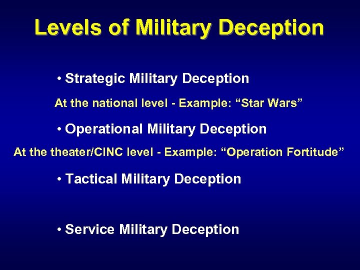 Levels of Military Deception • Strategic Military Deception At the national level - Example: