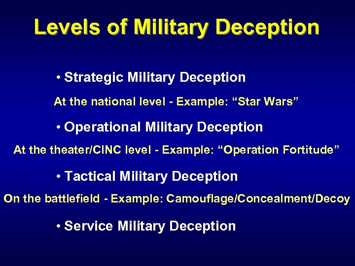 Levels of Military Deception • Strategic Military Deception At the national level - Example: