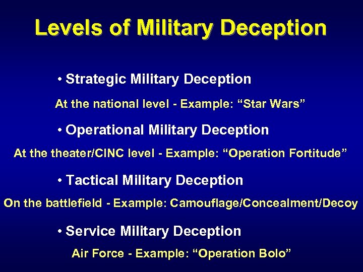 Levels of Military Deception • Strategic Military Deception At the national level - Example: