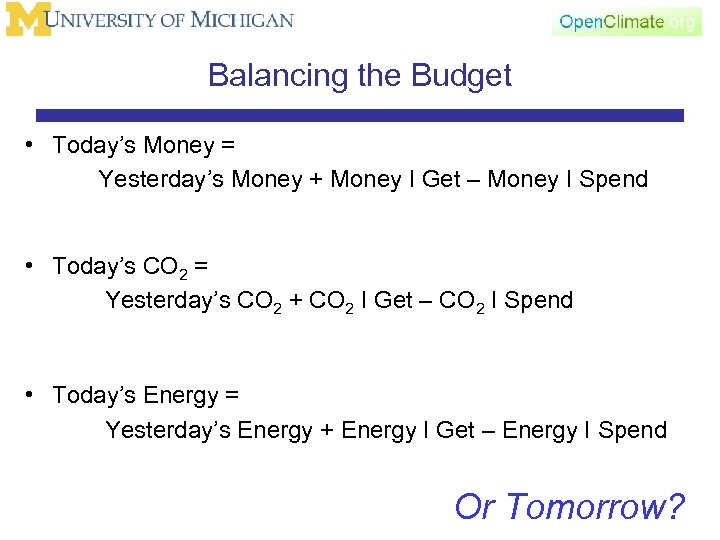 Balancing the Budget • Today’s Money = Yesterday’s Money + Money I Get –