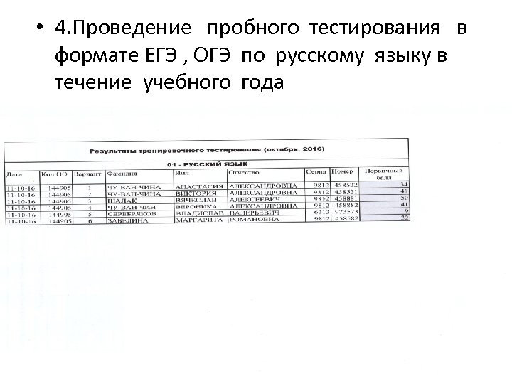  • 4. Проведение пробного тестирования в формате ЕГЭ , ОГЭ по русскому языку