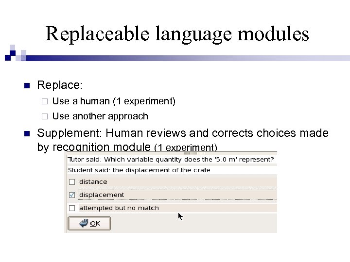 Replaceable language modules Replace: Use a human (1 experiment) Use another approach Supplement: Human