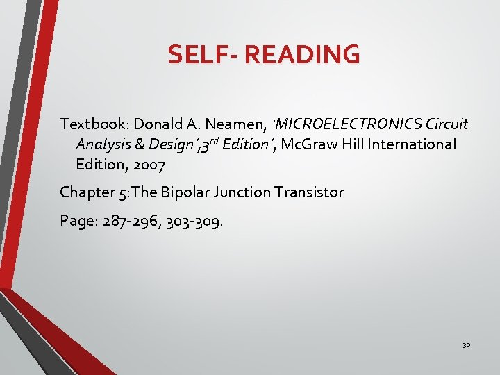 SELF- READING Textbook: Donald A. Neamen, ‘MICROELECTRONICS Circuit Analysis & Design’, 3 rd Edition’,
