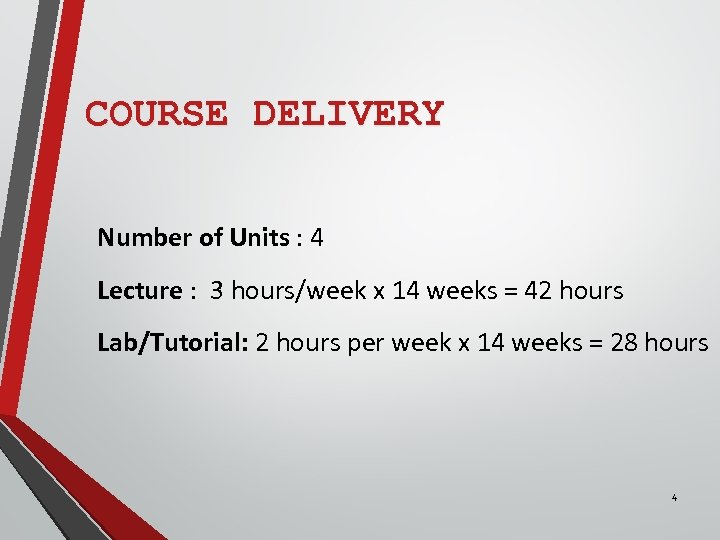 COURSE DELIVERY Number of Units : 4 Lecture : 3 hours/week x 14 weeks