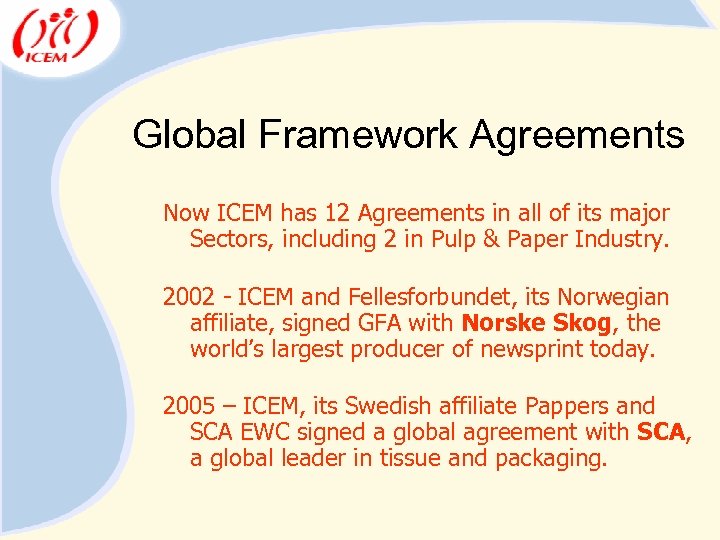 Global Framework Agreements Now ICEM has 12 Agreements in all of its major Sectors,