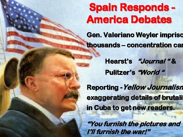 Spain Responds America Debates Gen. Valeriano Weyler impriso thousands – concentration cam Hearst’s “Journal