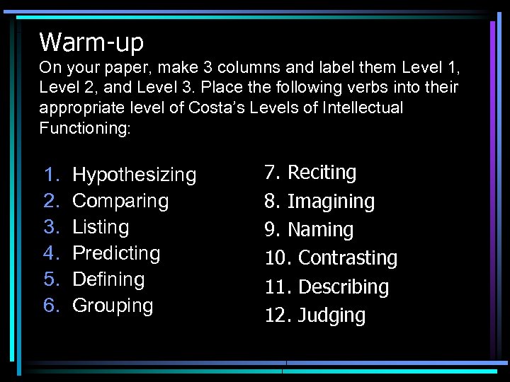 Warm-up On your paper, make 3 columns and label them Level 1, Level 2,