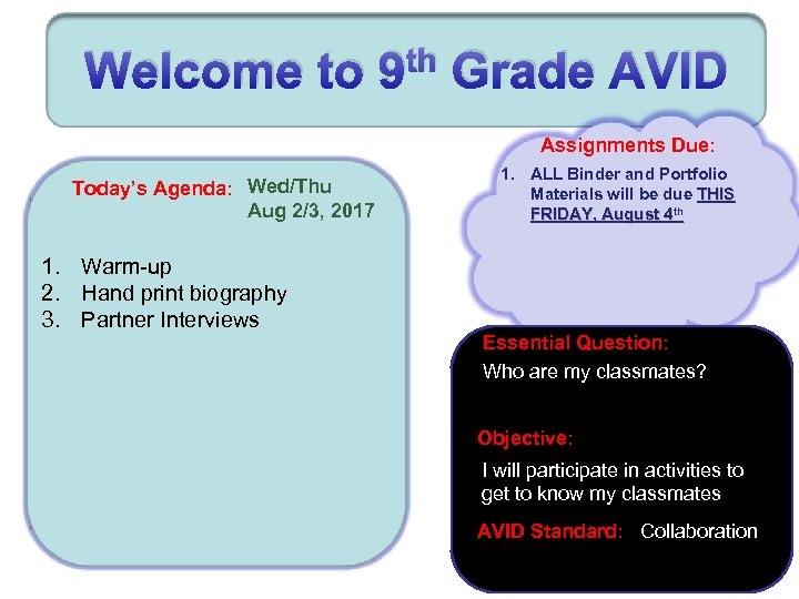 Welcome to th 9 Grade AVID Assignments Due: Today’s Agenda: Wed/Thu Aug 2/3, 2017