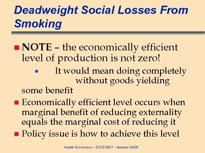 Deadweight Social Losses From Smoking – the economically efficient level of production is not