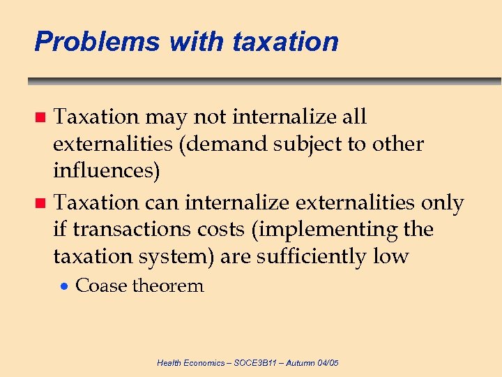 Problems with taxation Taxation may not internalize all externalities (demand subject to other influences)