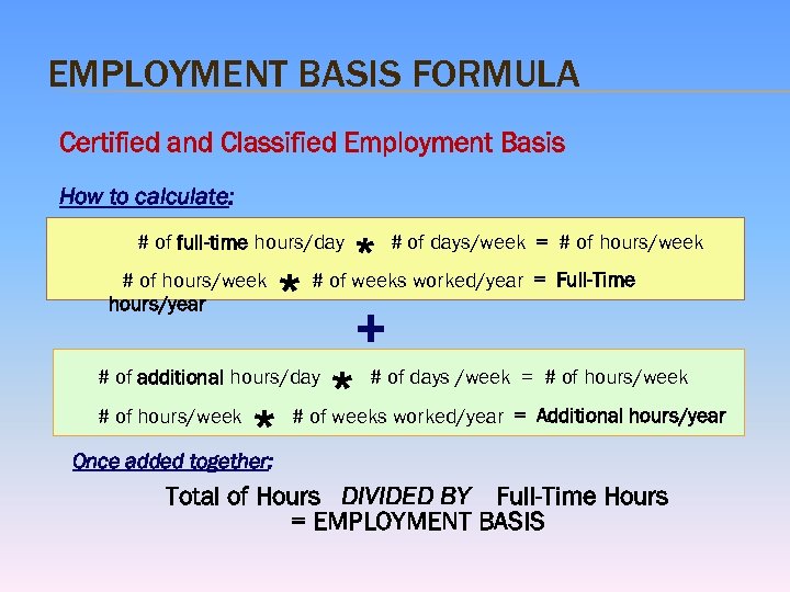 EMPLOYMENT BASIS FORMULA Certified and Classified Employment Basis How to calculate: # of full-time