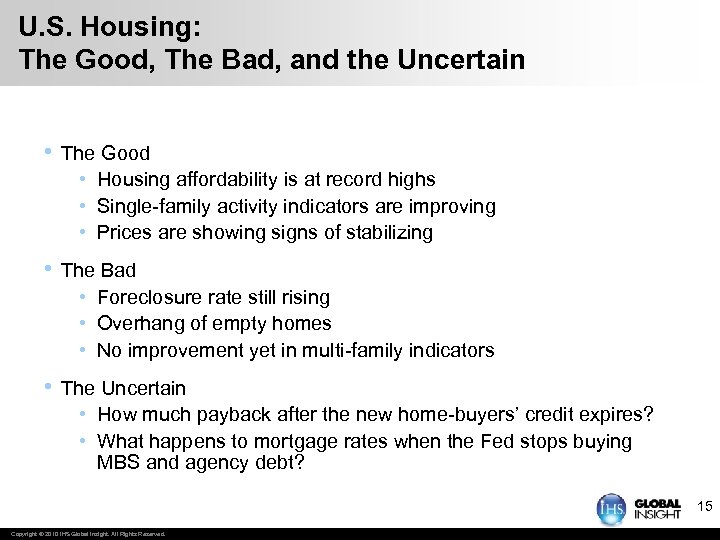 U. S. Housing: The Good, The Bad, and the Uncertain • The Good •