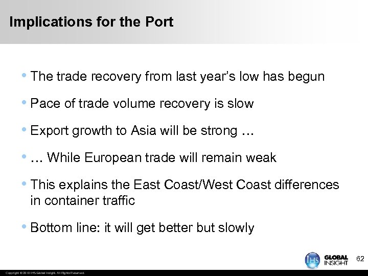 Implications for the Port • The trade recovery from last year’s low has begun