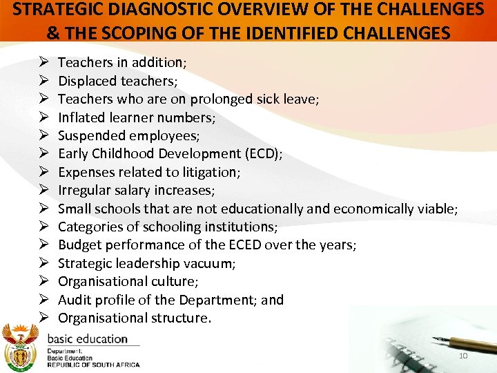 STRATEGIC DIAGNOSTIC OVERVIEW OF THE CHALLENGES & THE SCOPING OF THE IDENTIFIED CHALLENGES Ø
