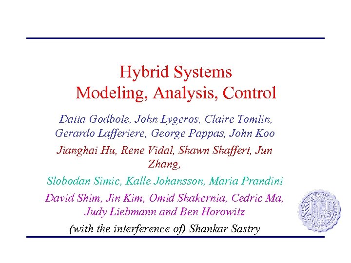 Hybrid Systems Modeling, Analysis, Control Datta Godbole, John Lygeros, Claire Tomlin, Gerardo Lafferiere, George