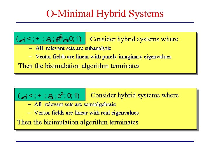 O-Minimal Hybrid Systems Consider hybrid systems where – All relevant sets are subanalytic –